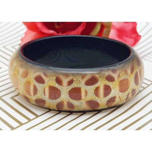 Vintage Clear Lucite Foil Back Chunky Bangle Bracelet Brown Gold Spoted Design - Picture 4 of 7
